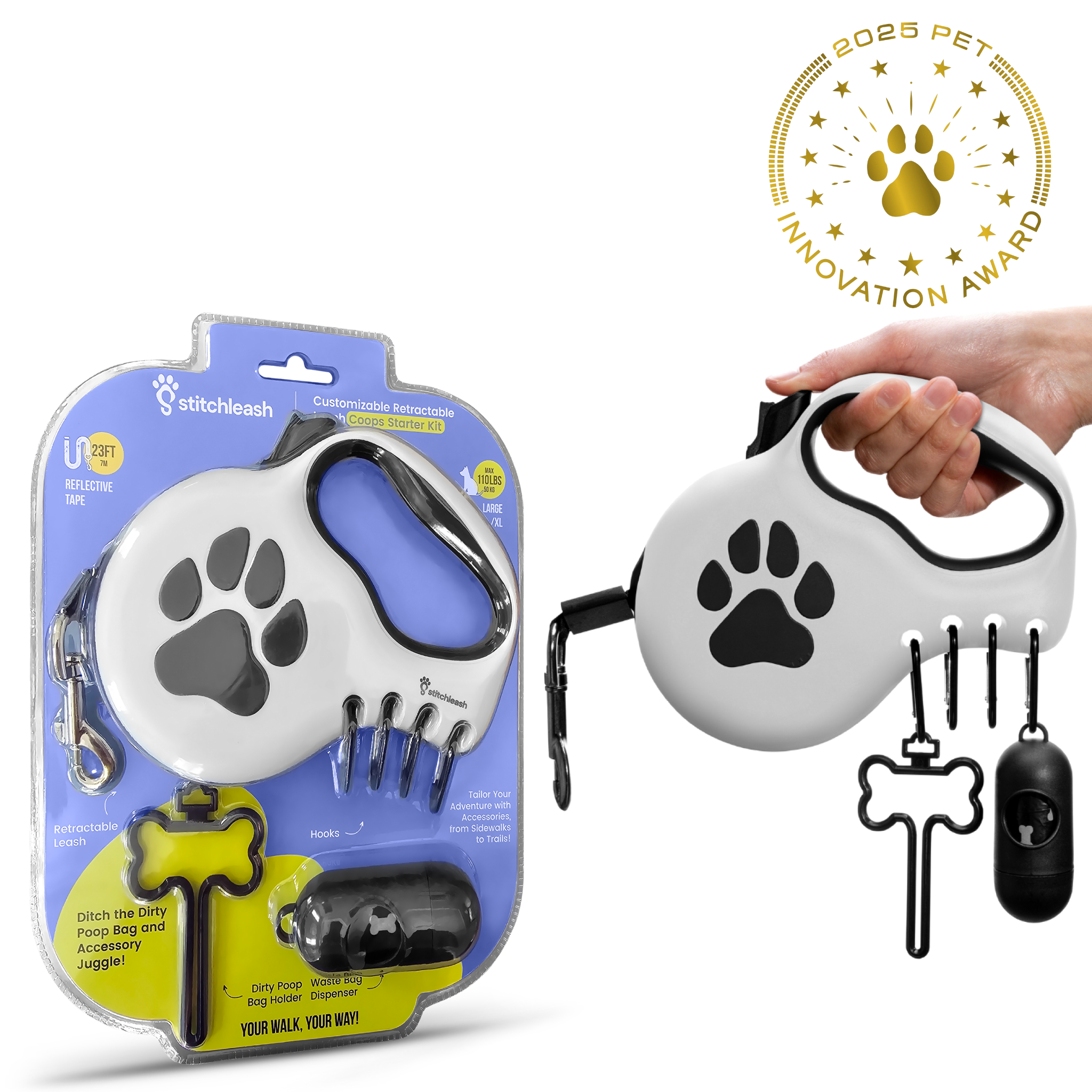 Stitch Leash Retractable Dog Leash For Small & Medium Dogs (Up to 55lbs) Customizable, Patented, Reflective Design, Er