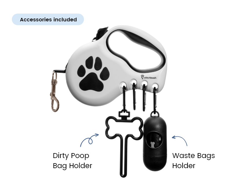 Dog leash with paw print, poop bag holder, and waste bags holder.