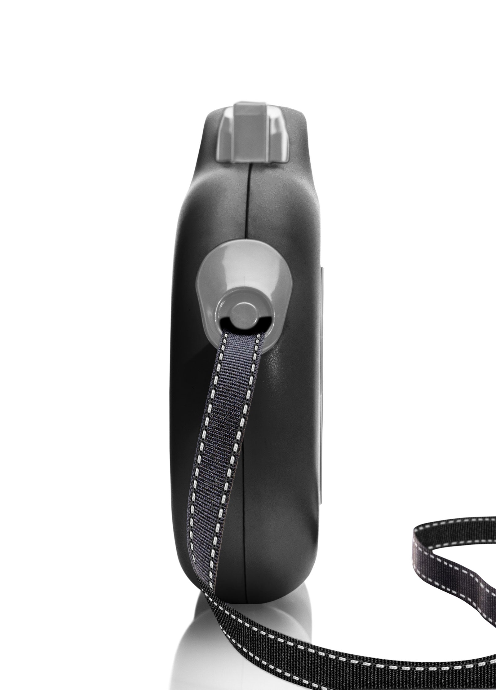 Black retractable dog leash with a reflective strap.